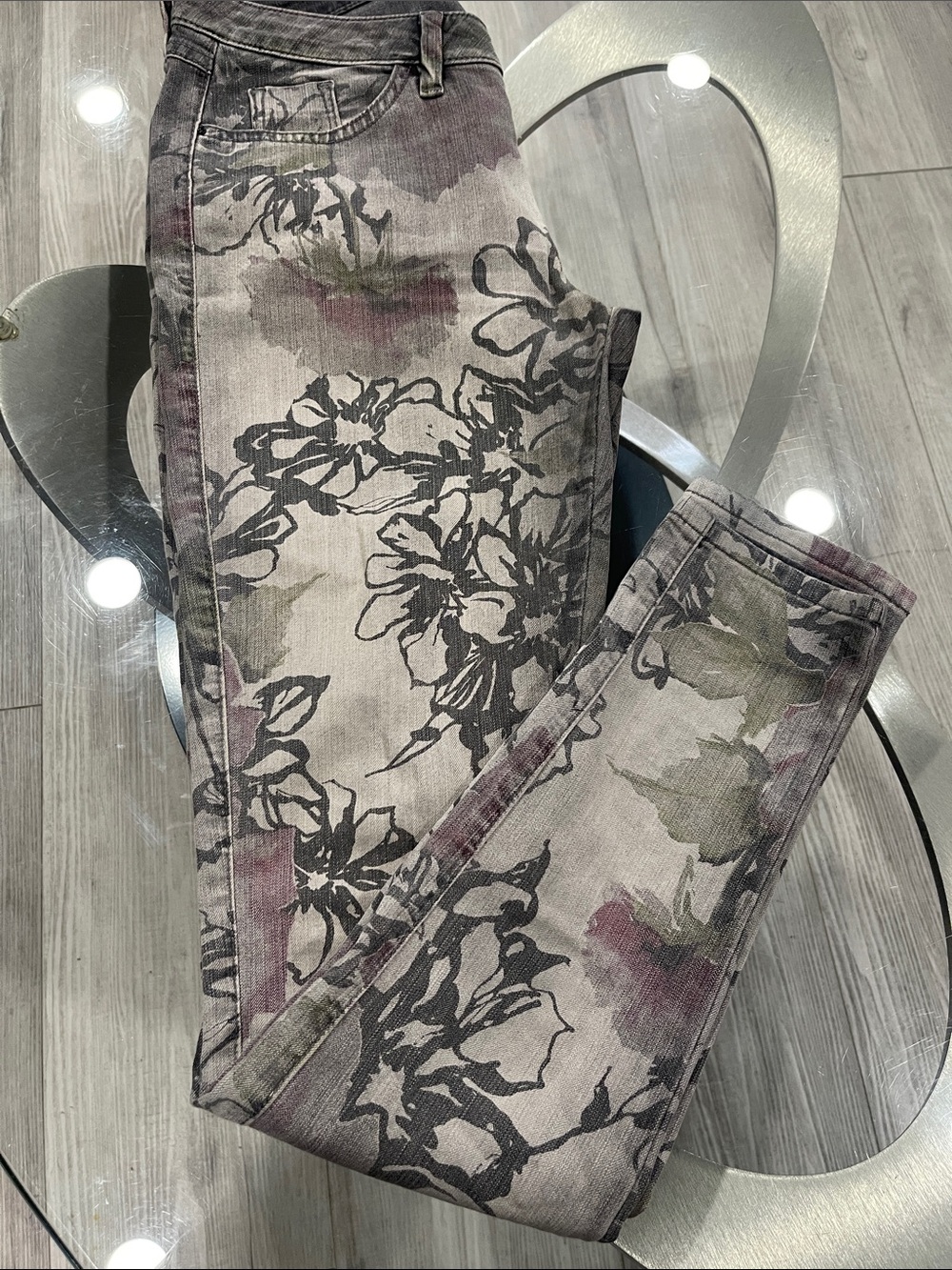 Guess Floral Skinny Jeans - Gray with Olive & Mauve Accents